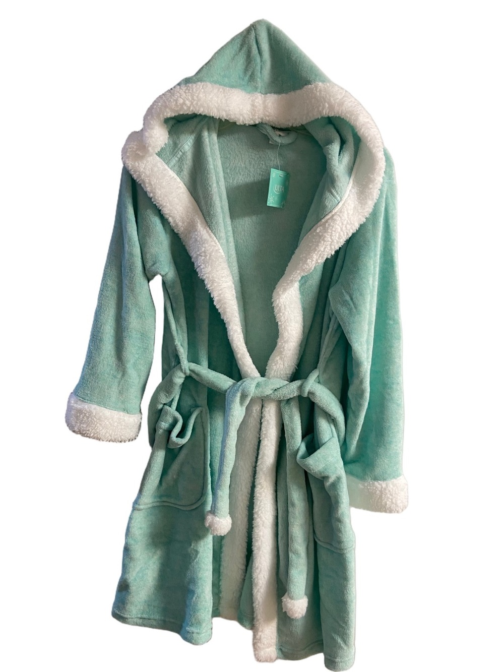 Ulta Beauty Mint Green Plush Hooded Bathrobe Sherpa Trim Belted Pockets S/M NWT